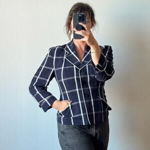 DKNY Plaid Navy Blazer with White Piping Summer Weight